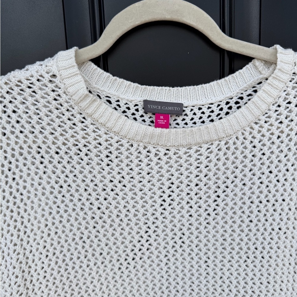 Vince Camuto Cream Open Knit Short Sleeve Crew Sweater - Picture 2 of 3